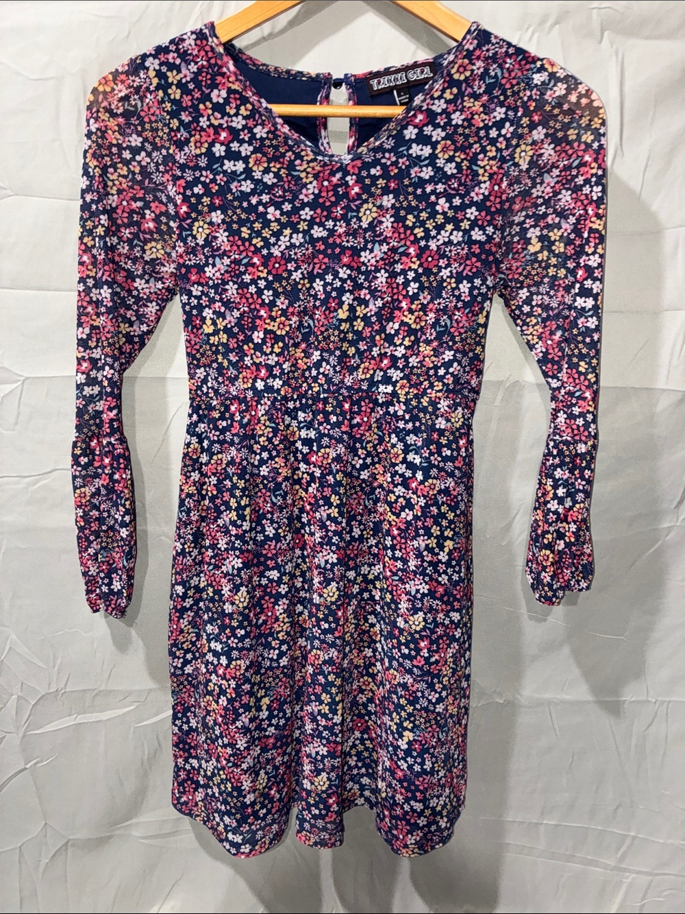 Navy Floral Long Sleeve Girls Dress with Floral Accents